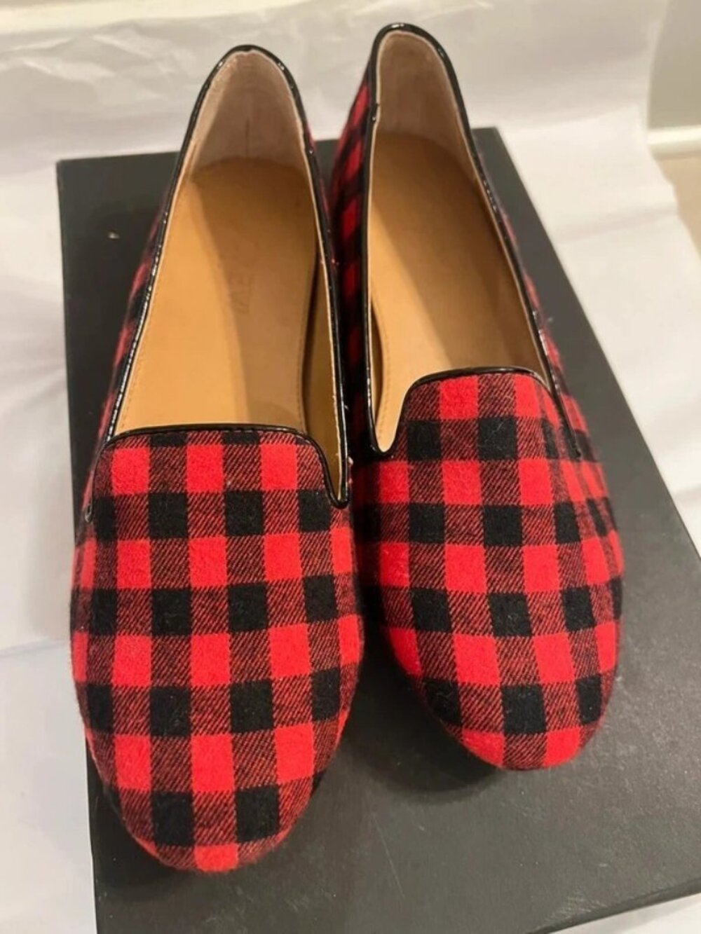 J.Crew red and black plaid loafers